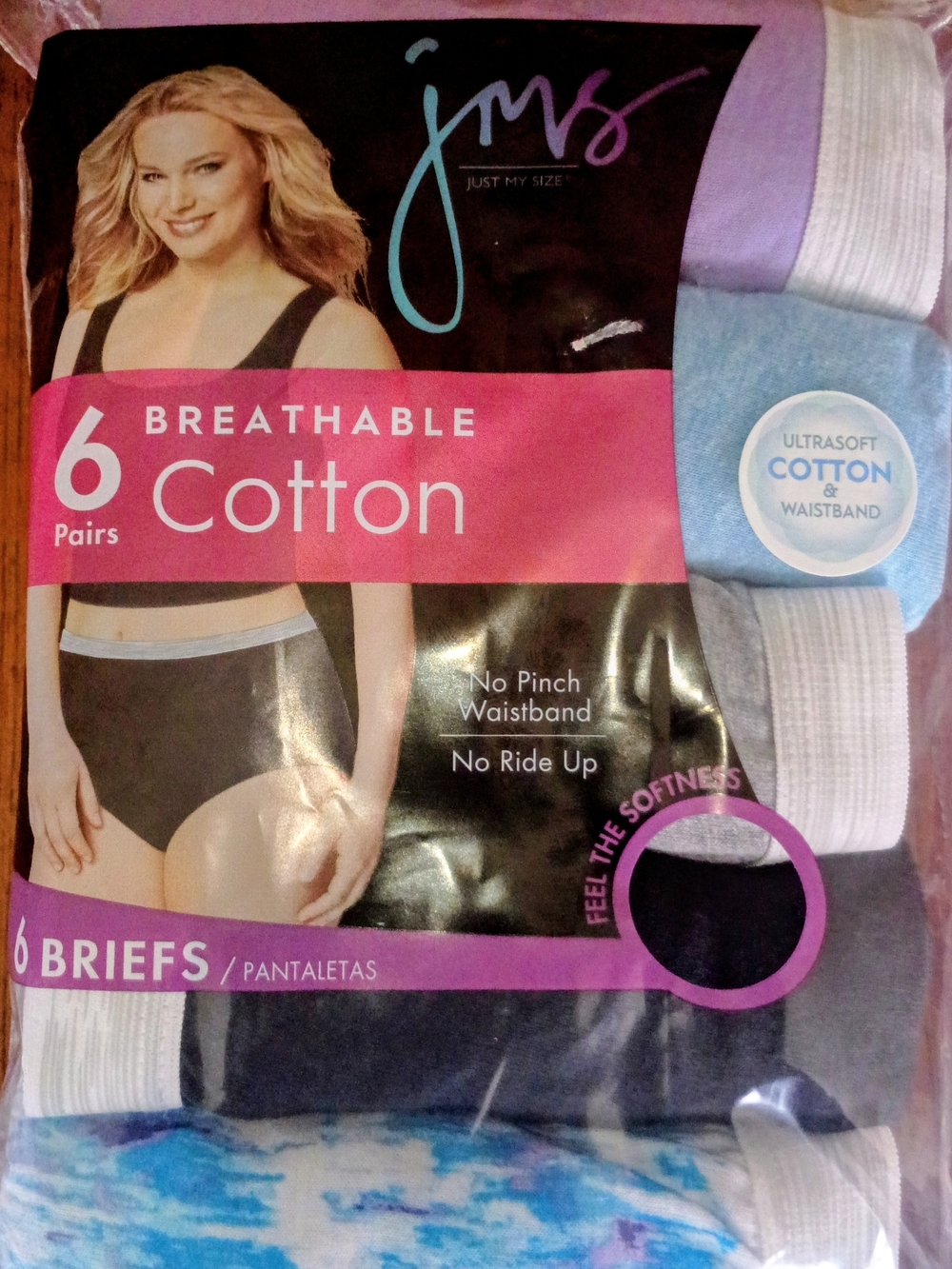 Just My Size Women's Cotton Briefs - Pack of 6 in Purple, Blue, White and Black
